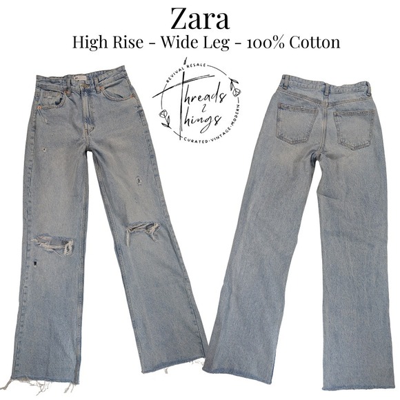 Zara Denim - ZARA Wide Leg Jeans Womens 6 100% Cotton Distressed Denim 90's Grunge y2k Preppy